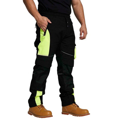 Sam Caan Softshell Mens Work Trousers Fleece Lined Water & Wind Proof Combat Cargo Safety Pants Blk-Yel-40W/30L from B&Q