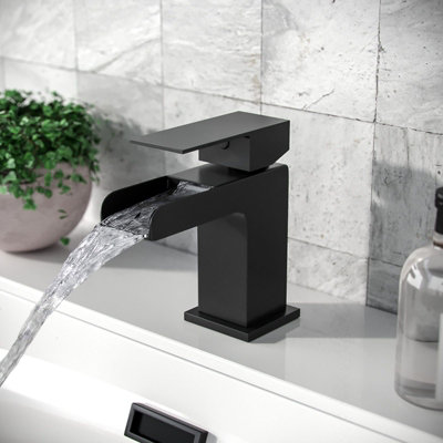 Bubly Matt Black Waterfall Basin Mono Mixer Tap Including Clicker Waste from B&Q