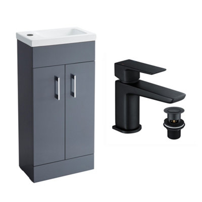 FNX Bathrooms Anthracite 400mm Vanity Basin Unit + Black Tap & Waste from B&Q