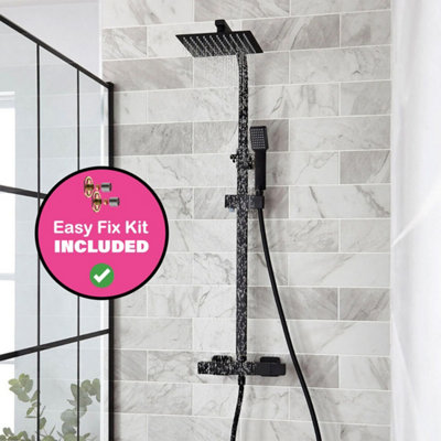 FNX Bathrooms Matt Black Square Overhead Thermostatic Rigid Riser Shower Kit Adjustable Height from B&Q
