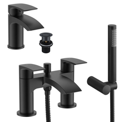 FNX Bathrooms Sleek Matt Black Waterfall Bath Shower Mixer & Basin Mixer Tap Incl Clicker Waste from B&Q