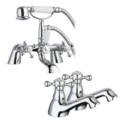FNX Bathrooms Sterling Traditional Bath Shower Mixer & Basin Tap Pack Hot & Cold PairChrome from B&Q