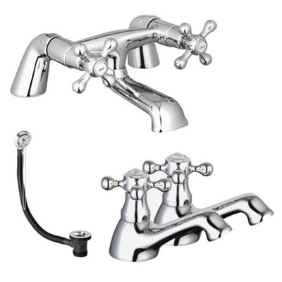 FNX Bathrooms Sterling Traditional Bath Filler Mixer & Basin Tap Pack Hot & Cold Pair Inc. Bath WasteChrome from B&Q
