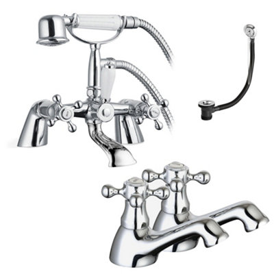 FNX Bathrooms Sterling Traditional Bath Shower Mixer & Basin Tap Pack Hot & Cold Pair Inc. Bath WasteChrome from B&Q