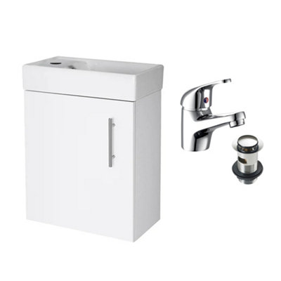 FNX Bathrooms Gloss White 400 Wall Hung Basin Sink Vanity Unit & Dom Basin Tap from B&Q