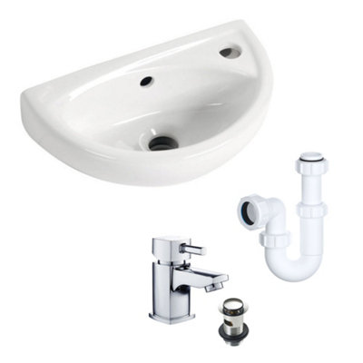 B&Q -  Small Compact Wall Hung BasinHero Mono Basin Mixer TapWaste & Plastic Trap (Pk2)