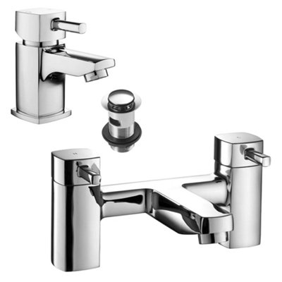 FNX Bathrooms Chrome Square Hero Basin & Bath Filler Tap Pack Modern from B&Q