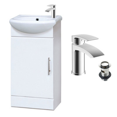 FNX Bathrooms Gloss White 400mm Semi Reccessed Vanity Basin Sink Unit & Sleek Tap & Waste from B&Q