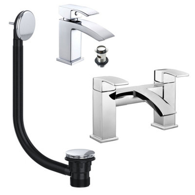 FNX Bathrooms Chrome Lucia Waterfall Basin & Bath Filler Tap Pack Including Bath Waste from B&Q
