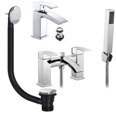 FNX Bathrooms Chrome Lucia Waterfall Basin & Bath Shower Mixer Tap Pack Including Bath Waste from B&Q