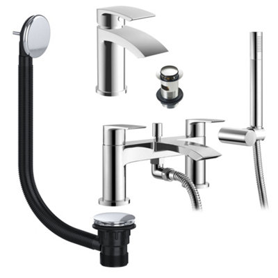 FNX Bathrooms Chrome Sleek Basin & Bath Shower Mixer Tap Pack Including Bath Waste from B&Q