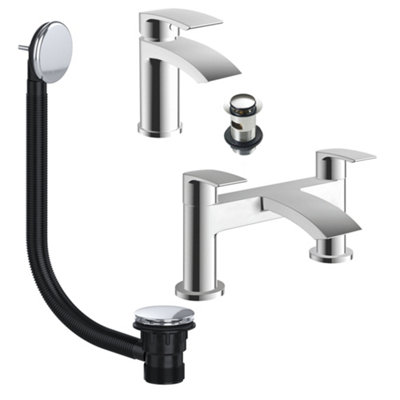 FNX Bathrooms Chrome Waterfall Sleek Basin & Bath Filler Tap Pack Including Bath Waste from B&Q
