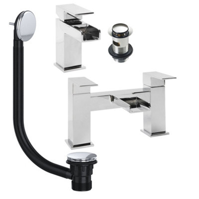 FNX Bathrooms Chrome Waterfall Basin & Bath Filler Tap Pack Including Bath Waste from B&Q