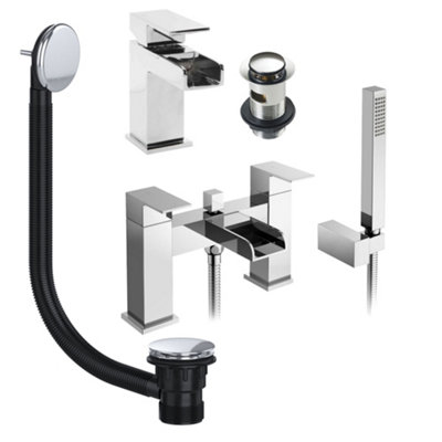 FNX Bathrooms Chrome Waterfall Basin & Bath Shower Mixer Tap Pack Including Bath Waste from B&Q