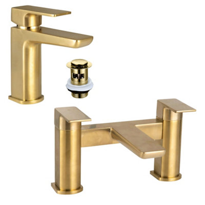 FNX Bathrooms Luxury Curve Brushed Brass Basin & Bath Filler Bathroom Tap Pack from B&Q
