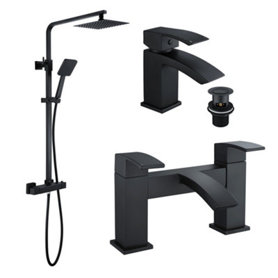Fnx Bathrooms Matt Black Thermostatic Square Overhead & Handheld Shower Kit With Lucia Basin & Bath Filler Taps from B&Q