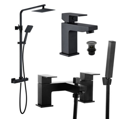 FNX Bathrooms Square Black Thermostatic Overhead Shower Kit & Form Basin & Bath Shower Mixer Tap Pack from B&Q