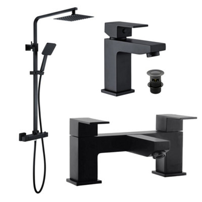 FNX Bathrooms Square Black Thermostatic Overhead Shower Kit & Form Basin & Bath Filler Tap Pack from B&Q