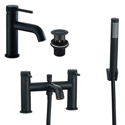 FNX Bathrooms Ravello Matt Black Basin & Bath Shower Mixer Tap Set With WasteModern Brass Design from B&Q