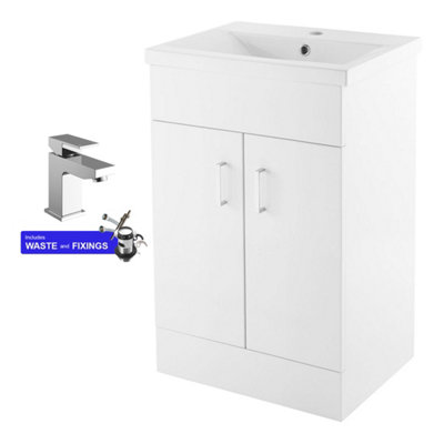 FNX Bathrooms Modern 500mm Gloss White Two-Door Soft-Close Vanity Unit & Ceramic Basin With Tap & Waste Set from B&Q
