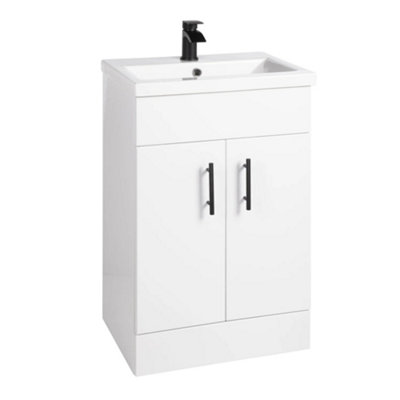 Fnx Bathrooms 500mm Gloss White Freestanding Vanity Unit With Matt Black Tap & Handles from B&Q
