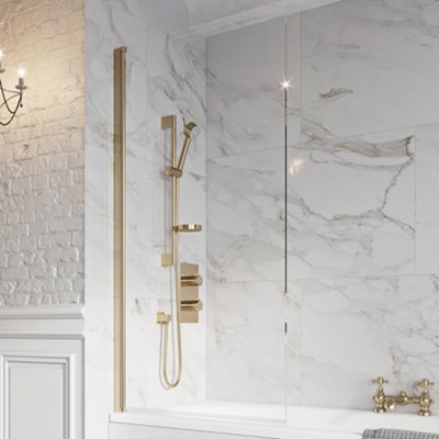 FNX Bathrooms Brushed Brass 1500mm X 800mm 8mm Glass Hinged Bath Screen Premium Frameless from B&Q