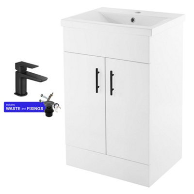 FNX Bathrooms Modern 500mm White Gloss Cloakroom Vanity Unit With Ceramic Basin2 Soft-Close DoorsBlack Handles & Matt Black Tap Set from B&Q