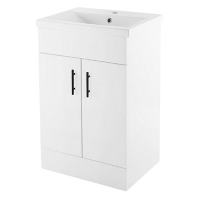 FNX Bathrooms 500mm White Gloss Bathroom Vanity Unit With Ceramic Basin & Soft-Close DoorsBlack Handles from B&Q