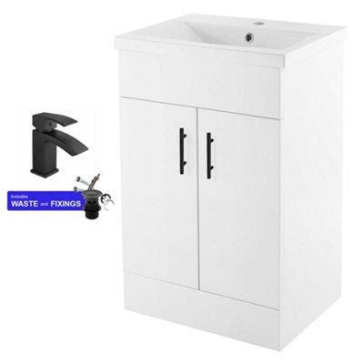 FNX Bathrooms 500mm White Gloss Cloakroom Vanity Unit & Basin Set With Matt Black Handles & Tap from B&Q