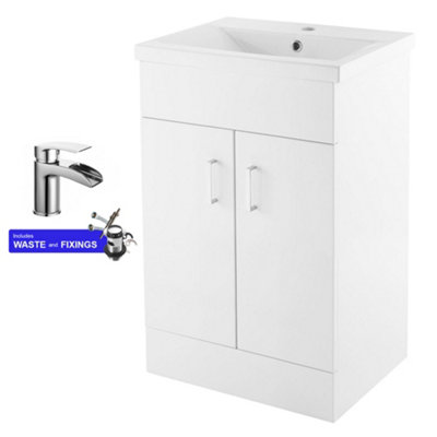 FNX Bathrooms 500mm Modern Freestanding Gloss White Bathroom Vanity Unit & Basin With 2 Soft-Close Doors & Polished Chrome Tap & Waste Set from B&Q