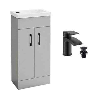 Fnx Bathrooms Light Grey Matt 400mm Freestanding Vanity Unit With Ceramic Basin & Black Waterfall Mixer Tap from B&Q