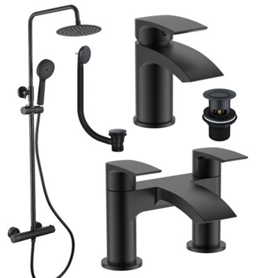 FNX Bathrooms Matt Black Round Thermostatic Overhead Shower Kit With Sleek Basin TapWaterfall Bath FillerAnd Pop Up Bath Waste from B&Q