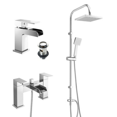 FNX Bathrooms Square Over Head 3 Way Rigid Riser Shower Kit With Waterfall Bath Shower Mixer & Basin Tap Set from B&Q