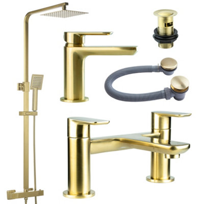FNX Bathrooms Brushed Brass Shower Kit Rigid Riser Over Head Rainfall & Brushed Brass Basin TapBath Filler Mixer Pack from B&Q