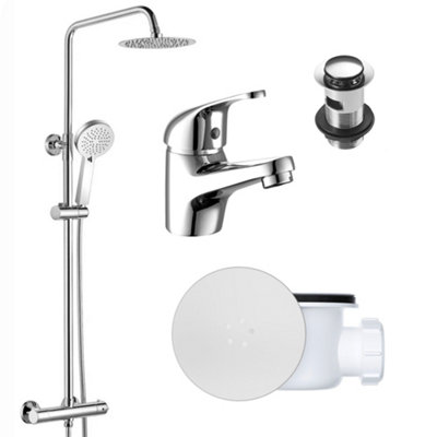 FNX Bathrooms Round Chrome Thermostatic Overhead Shower Kit With Solitaire Basin Mixer Tap Set & Shower Waste from B&Q