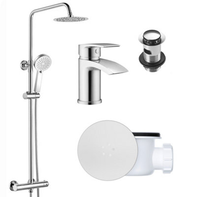 FNX Bathrooms Round Chrome Thermostatic Overhead Shower Kit With Sleek Basin Mixer Tap Set & Shower Waste from B&Q
