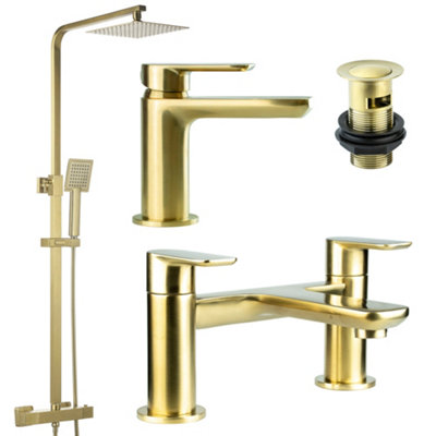 FNX Bathrooms Brushed Brass Shower Kit Rigid Riser Over Head Rainfall & Brushed Brass Basin TapBath Filler Mixer Pack from B&Q