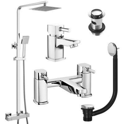 FNX Bathrooms Square Chrome Thermostatic Overhead Shower Kit With Cube Basin Mixer Tap & Bath Filler Set Inc. Waste Set from B&Q