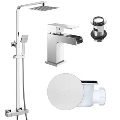 FNX Bathrooms Square Chrome Thermostatic Overhead Shower Kit With Waterfall Basin Mixer Tap Set & Shower Waste from B&Q