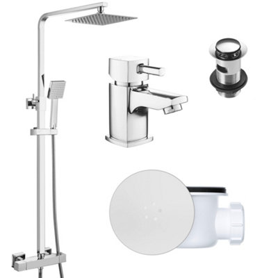 FNX Bathrooms Square Chrome Thermostatic Overhead Shower Kit With Cube Basin Mixer Tap Set & Shower Waste from B&Q