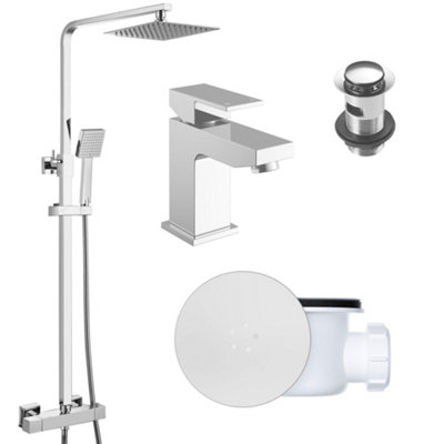 FNX Bathrooms Square Chrome Thermostatic Overhead Shower Kit With Form Basin Mixer Tap Set & Shower Waste from B&Q