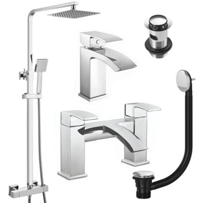 FNX Bathrooms Square Chrome Thermostatic Overhead Shower Kit With Lucia Basin Mixer Tap & Bath Filler Set Inc. Waste Set from B&Q