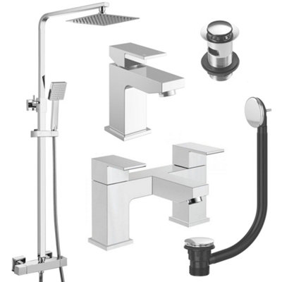 FNX Bathrooms Square Chrome Thermostatic Overhead Shower Kit With Form Basin Mixer Tap & Bath Filler Set Inc. Waste Set from B&Q