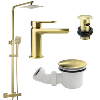 FNX Bathrooms Brushed Brass Square Thermostatic Overhead Shower Kit With Sleek Basin Tap And Shower Tray Waste from B&Q