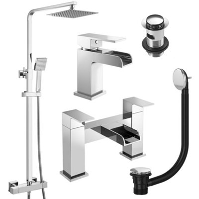 FNX Bathrooms Square Chrome Thermostatic Overhead Shower Kit With Waterfall Basin Mixer Tap & Bath Filler Set Inc. Waste Set from B&Q