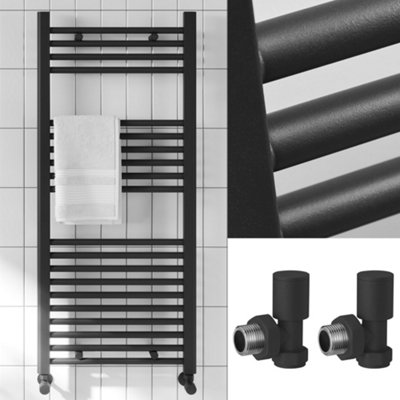 FNX Bathrooms 1200 X 500mm Matt Black Heated Bathroom Towel Warmer Ladder Rail Radiator & Angled Radiator Valves from B&Q