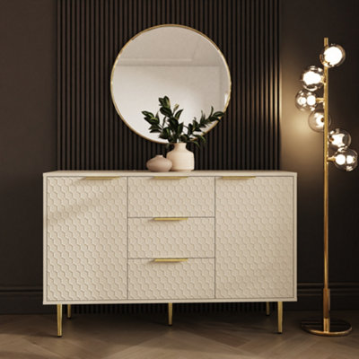 Gfw Azariah Ivory 2 Door 3 Drawer Geometric Honeycomb Pattern Large Sideboard - Image 4