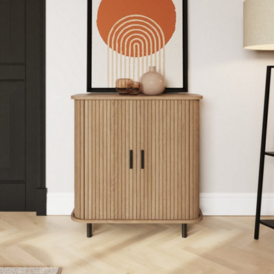 GFW Omari 2 Tambour Sliding Door Oak Slatted Compact Sideboard - Image 4