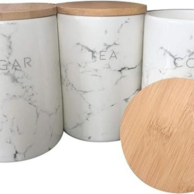 Biznest Marble Storage Jars Canisters Bamboo Lid Fresh Seals TeaCoffee & Sugar 3Pc from B&Q