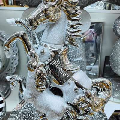 Biznest Silver Chrome Glitter Horse With Baby Horse Crystal Ornament Statue Shelf Décor from B&Q